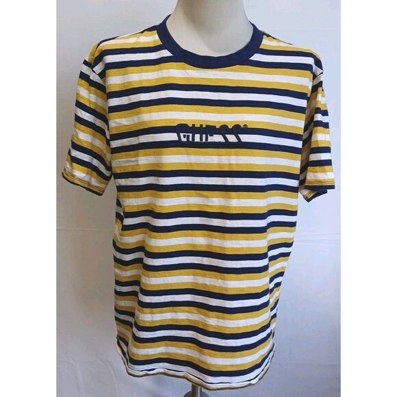 Vintage Guess Originals T-Shirt Striped Embroidery Mens Medium Yellow Blue - Picture 1 of 11